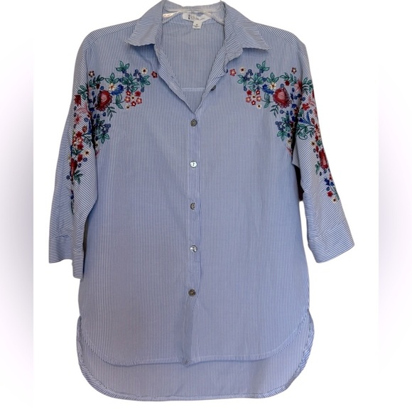 NYLON APPAREL women's embroidered striped button up blouse in blue - Picture 1 of 7